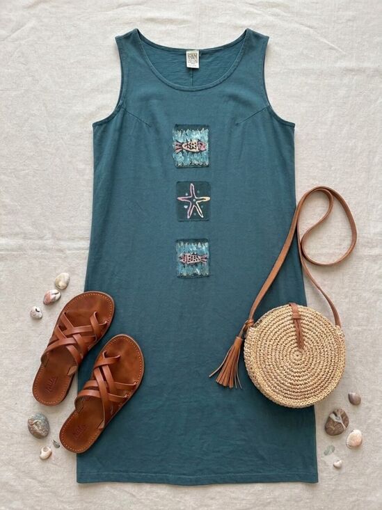 Viva City Dresses & Skirts - Viva City USA 100% Cotton Fish Print Sleeveless Maxi Dress L Coastal Beach Art